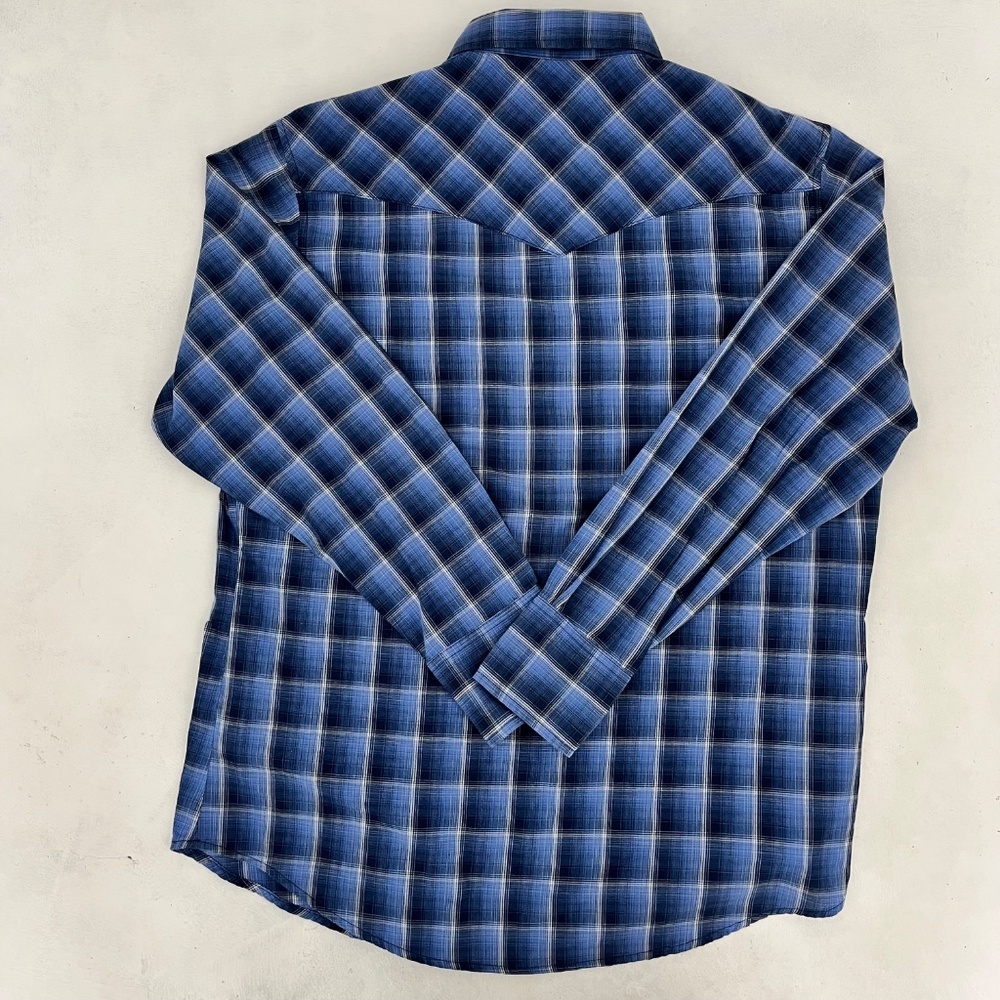 Wrangler Western Shirt Mens Large Blue Preppy Plaid Snap Button Up Long Sleeve - Picture 6 of 9